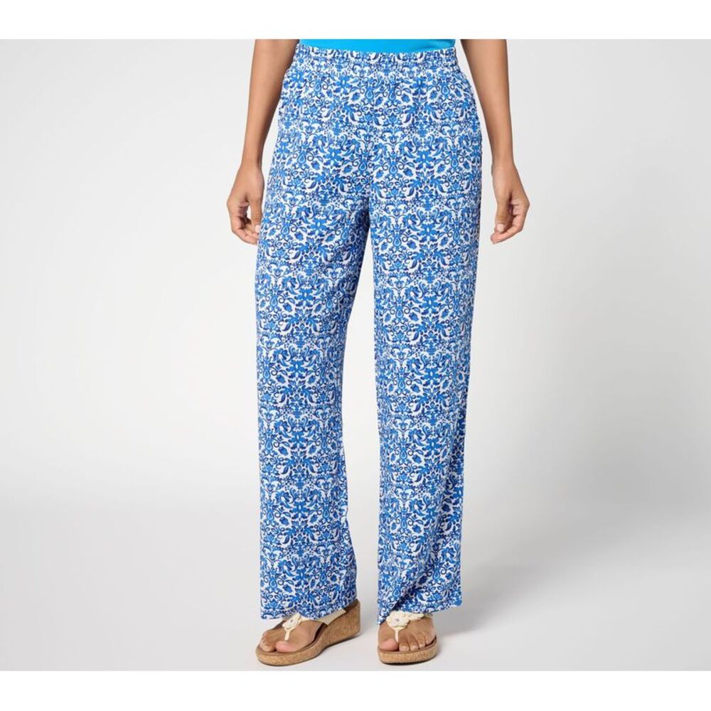 Belle by Kim Gravel Women's Pants Sz L Santorini Smocked Waist Pant Blue A691538